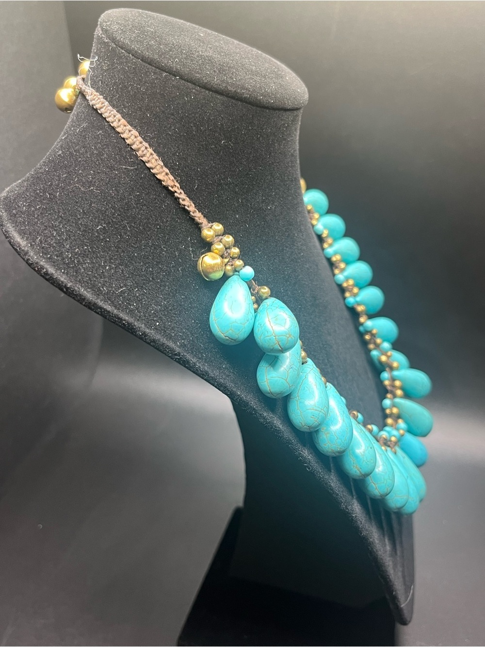 Handmade style turquoise boho festival style necklace with bells - Picture 6 of 8